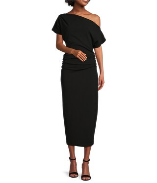 Asymmetric One Shoulder Short Sleeve Ruched Midi Knit Dress | Dillard's