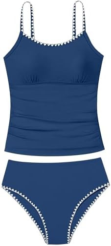 Girls Swimsuit Solid Color Tankini Contrast Trim Swimwear 2 Piece Bathing Suit Padded Swimsuits f... | Amazon (US)