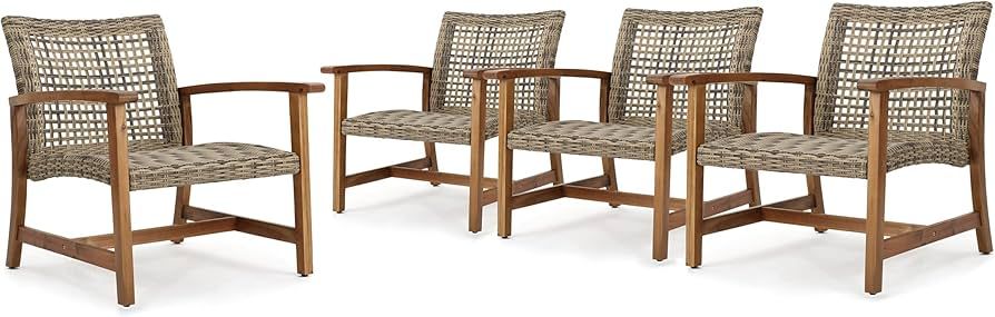 Christopher Knight Home Hampton Outdoor Mid-Century Wicker Club Chairs with Acacia Wood Frame, 4-... | Amazon (US)