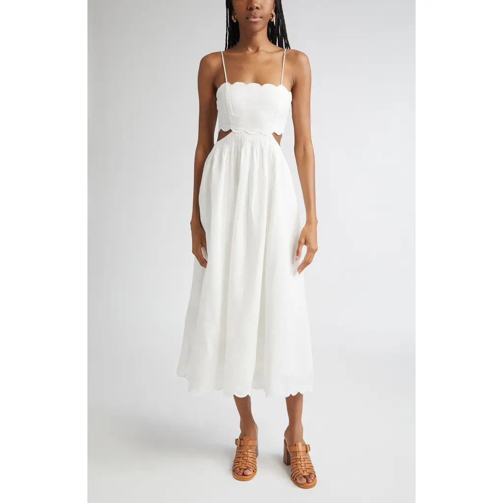Zimmermann Rhiannon Corset Bodice Scallop Linen Midi Sundress in Ivory at Nordstrom, Size 0 | Nordstrom