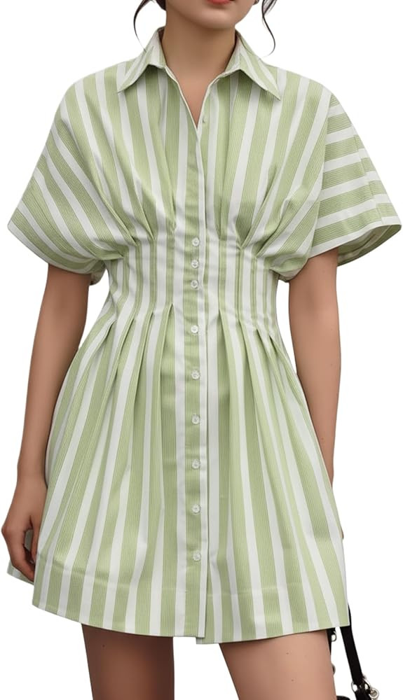 MSBESYOR Women Button Down Pleated Shirt Dress Summer Short Sleeve Blouse Striped Print Corset Mi... | Amazon (US)