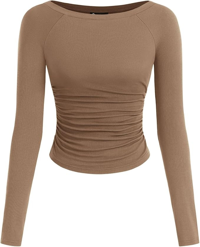 PRETTYGARDEN Long Sleeve Shirts for Women 2025 Fall Ruched Sides Boat Neck Basic Tee Casual Fitte... | Amazon (US)