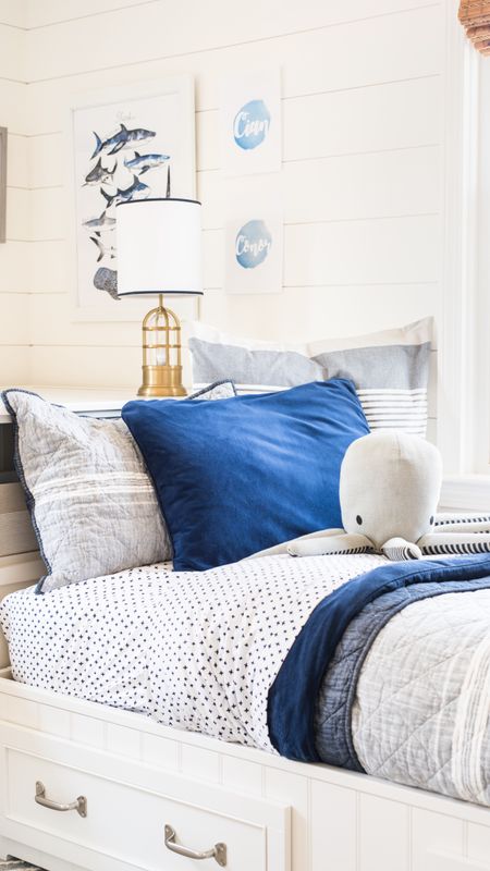 Coastal style little boys bedroom with Pottery Barn storage beds, blue and white bedding, nautical themed kids room home decor

#LTKfamily #LTKkids #LTKhome