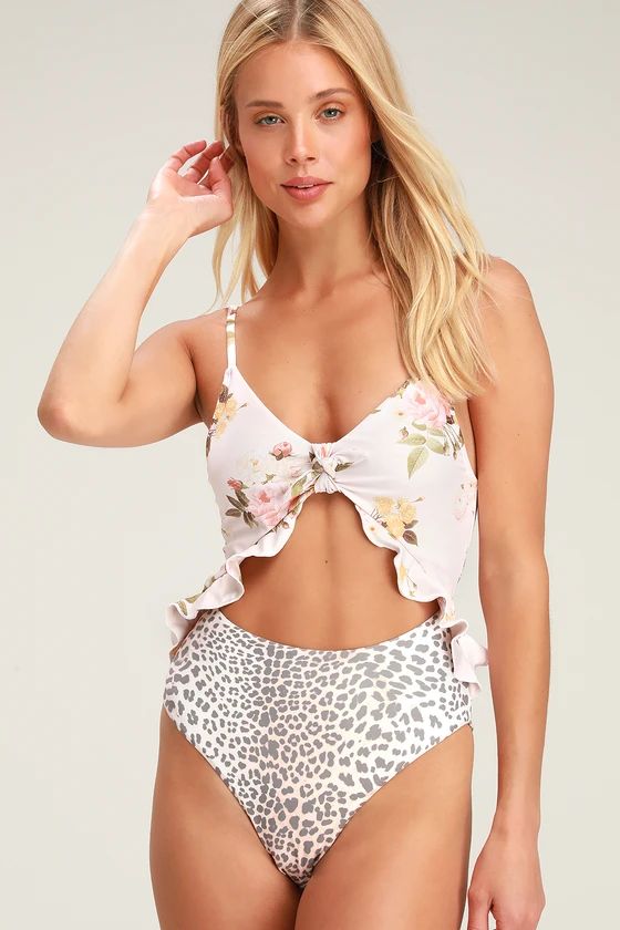 Carly Blush Floral and Leopard Print Cutout One-Piece Swimsuit | Lulus (US)