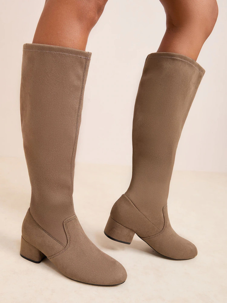 Friends Like These Taupe Standard fit Low Block Heel Faux Suede Knee High Sock Boots | Next EU