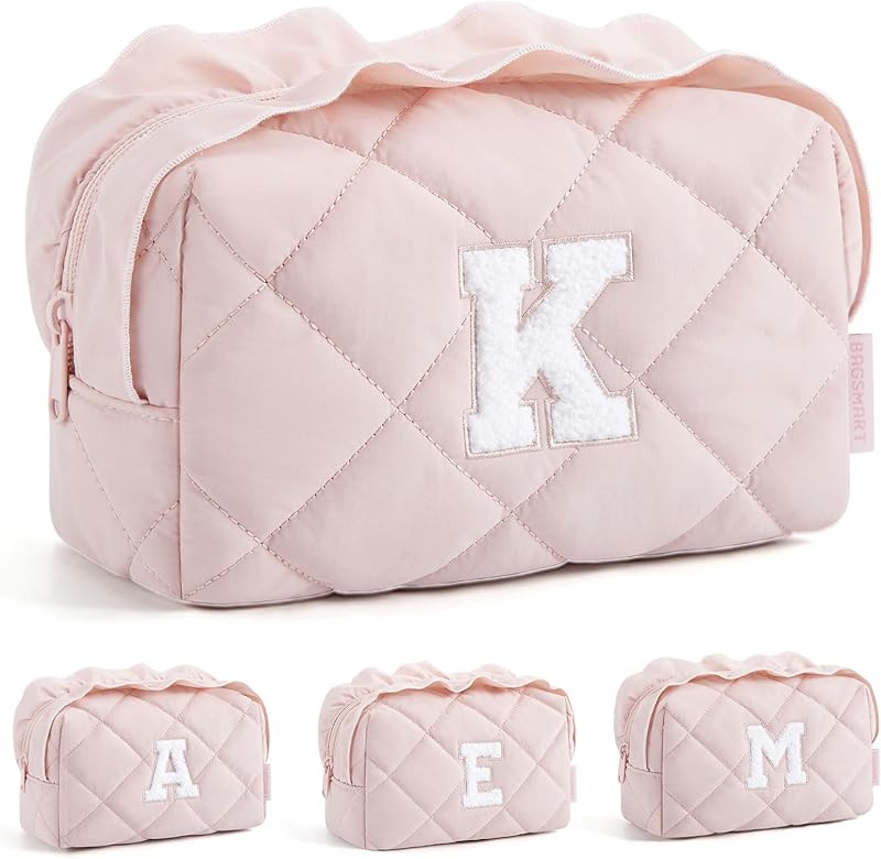 BAGSMART Small Makeup Bag, Travel Personalized Initial Cosmetic Bags for Women, Pink Makeup Pouch... | Amazon (US)