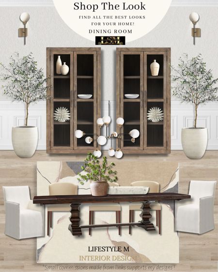 Timeless transitional dining room idea. Dark wood dining table, fabric dining chairs, beige dining chairs, modern beige rug, white tree planter pot, realistic fake olive tree, wood glass door cabinets, white brass wall light sconce, modern bubble chandelier, dining room decor, vase, decor bowls.

#LTKFind #LTKstyletip #LTKhome