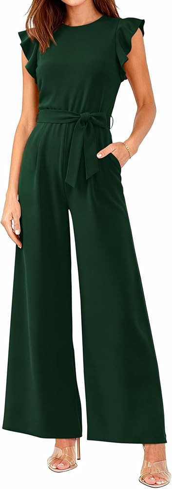 BTFBM Jumpsuits For Women 2026 Crew Neck Dressy Cap Sleeve Belted High Waist Wide Leg Romper One ... | Amazon (US)