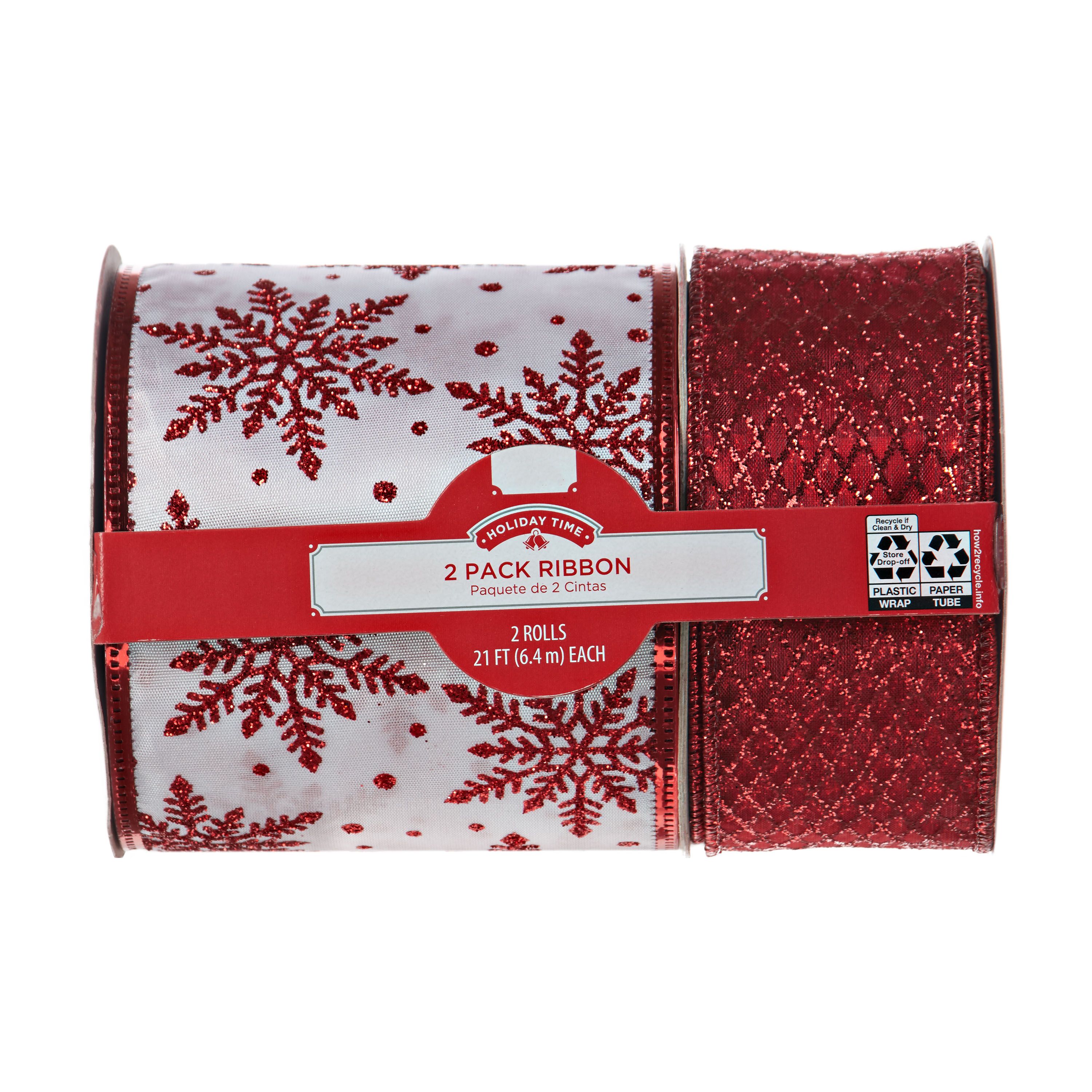 Holiday Time Ribbon, Red Glitter, 21', 2 Pack - Walmart.com | Walmart (US)