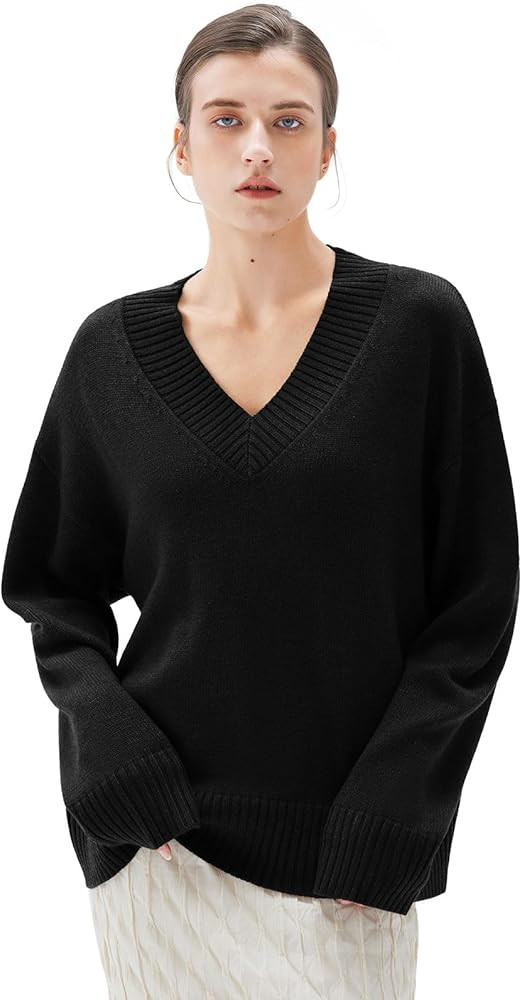 SUUKSESS Women Cashmere Oversized V Neck Pullover Sweaters Long Sleeve Jumpers | Amazon (US)