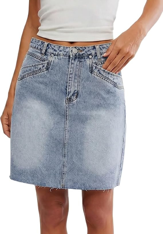 Dqbeng Womens Denim Skirt Casual Short Jean Skirts High Waisted Knee Length Skirt with Pockets | Amazon (US)