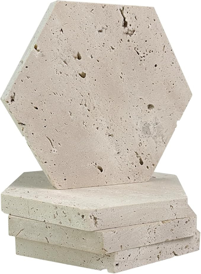 Hexagon Marble Coasters Set of 4, Travertine Stone Coaster for Coffee Table and Drinks(4" x 4") | Amazon (US)