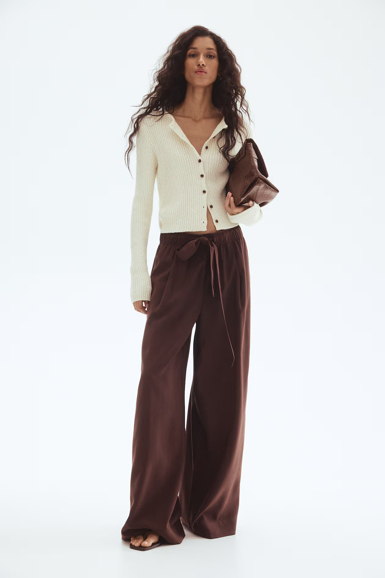 Wide-Leg Pants with Tie Belt - Cream/floral - Ladies | H&M US | H&M (US + CA)