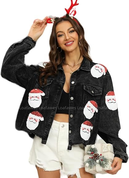 Loafawes Women's Santa Jacket, Christmas Distressed Cropped Corduroy Jacket Santa Sequin Patched ... | Amazon (US)