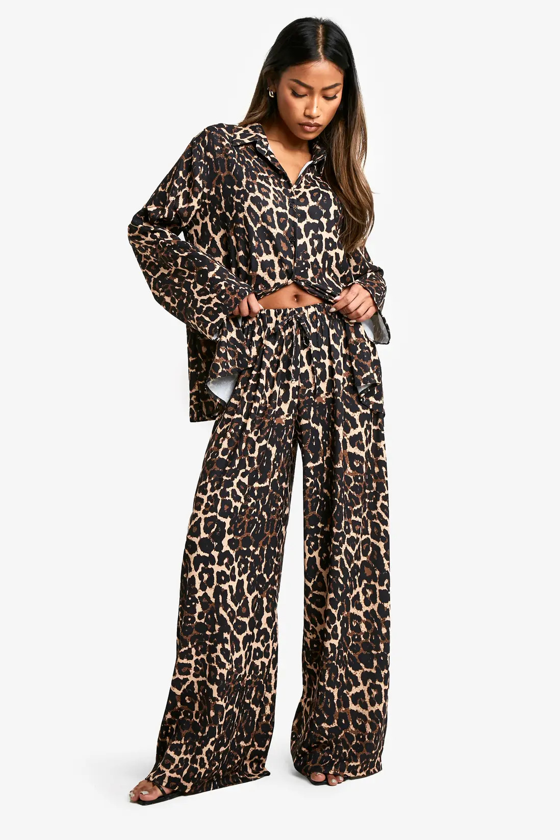 Leopard Relaxed Woven Leopard Shirt & Drawstring Wide Leg Trouser Co-ord | Boohoo USA | boohoo (US & Canada)