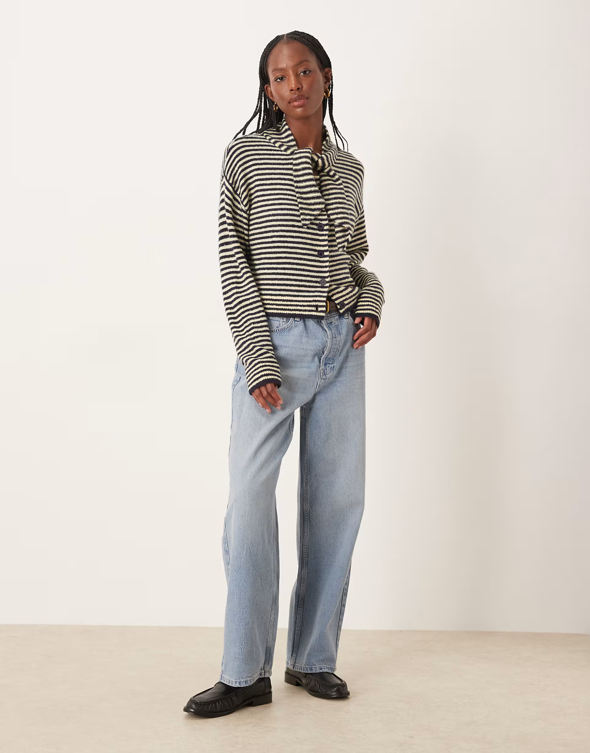 Neon Rose tie detail cardigan in navy and buttermilk yellow stripes | ASOS (Global)