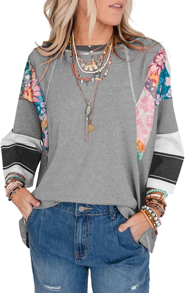 EVALESS 3/4 Length Sleeve Womens Tops Dressy Casual 2025 Fall Crew Neck Oversized Striped Patchwo... | Amazon (US)