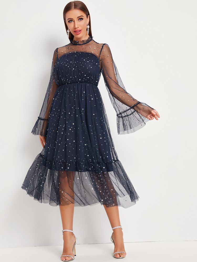 Ruffle Trim Star Mesh Overlay Dress | SHEIN