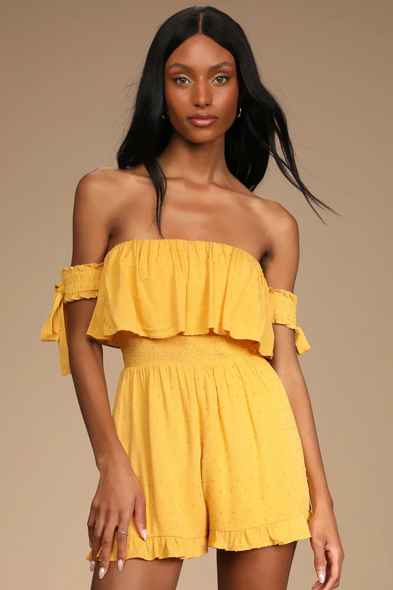 Be a Sweetie Marigold Yellow Swiss Dot Off-the-Shoulder Romper | Lulus (US)