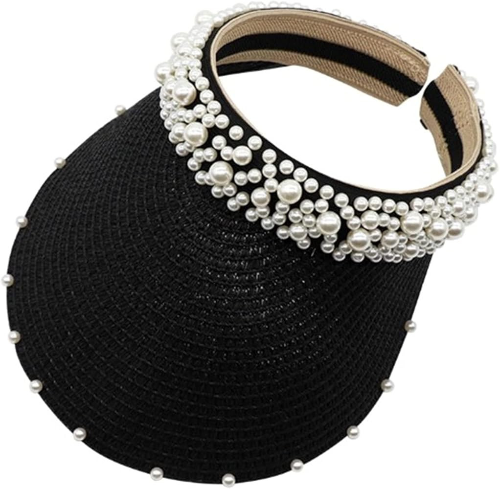 Pearl Sun Visors for Women Summer Wide Brim Straw Hat Beach UV Protection Sun Hats | Amazon (US)