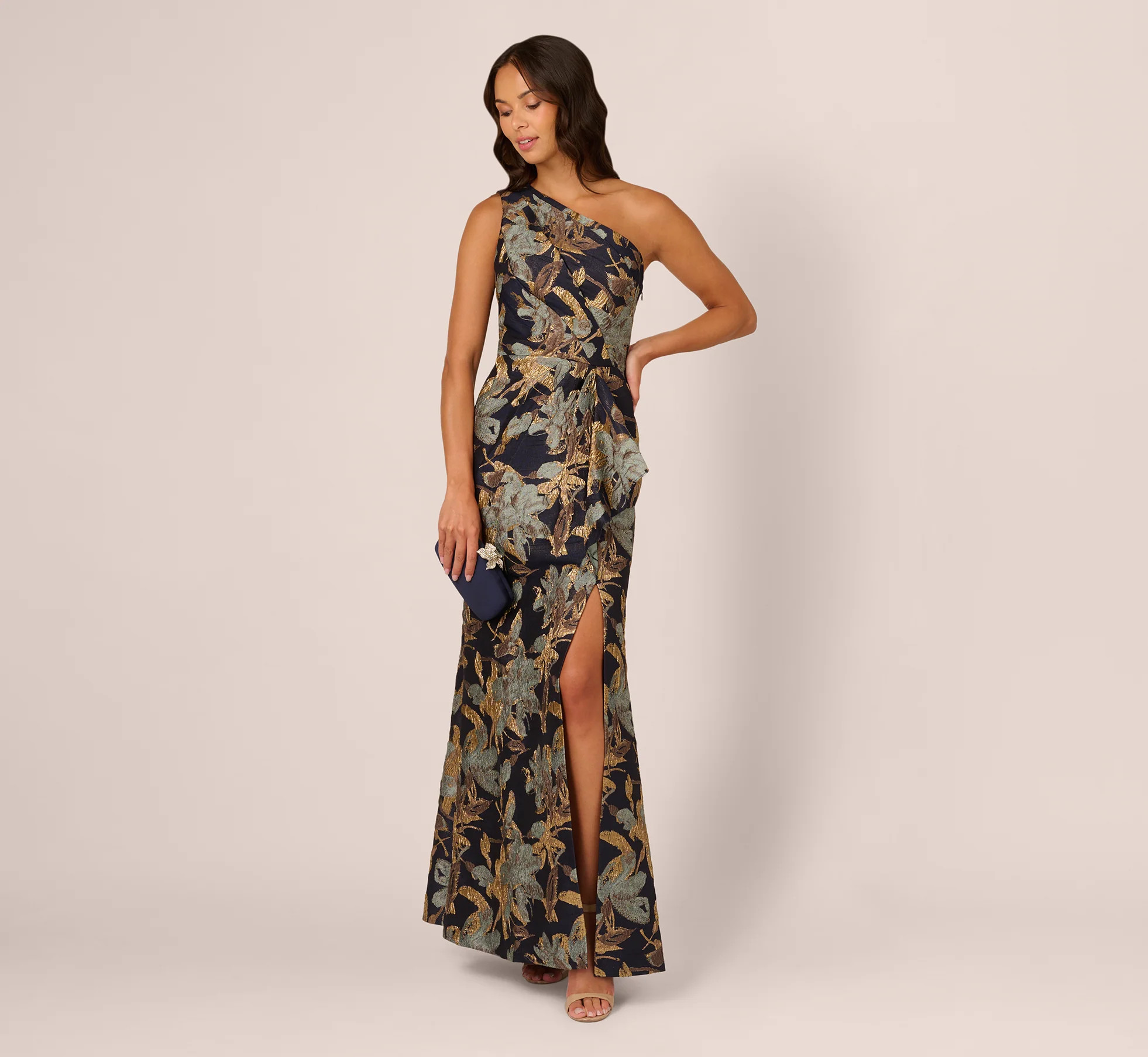 One Shoulder Jacquard Dress In Blue Gold | Adrianna Papell
