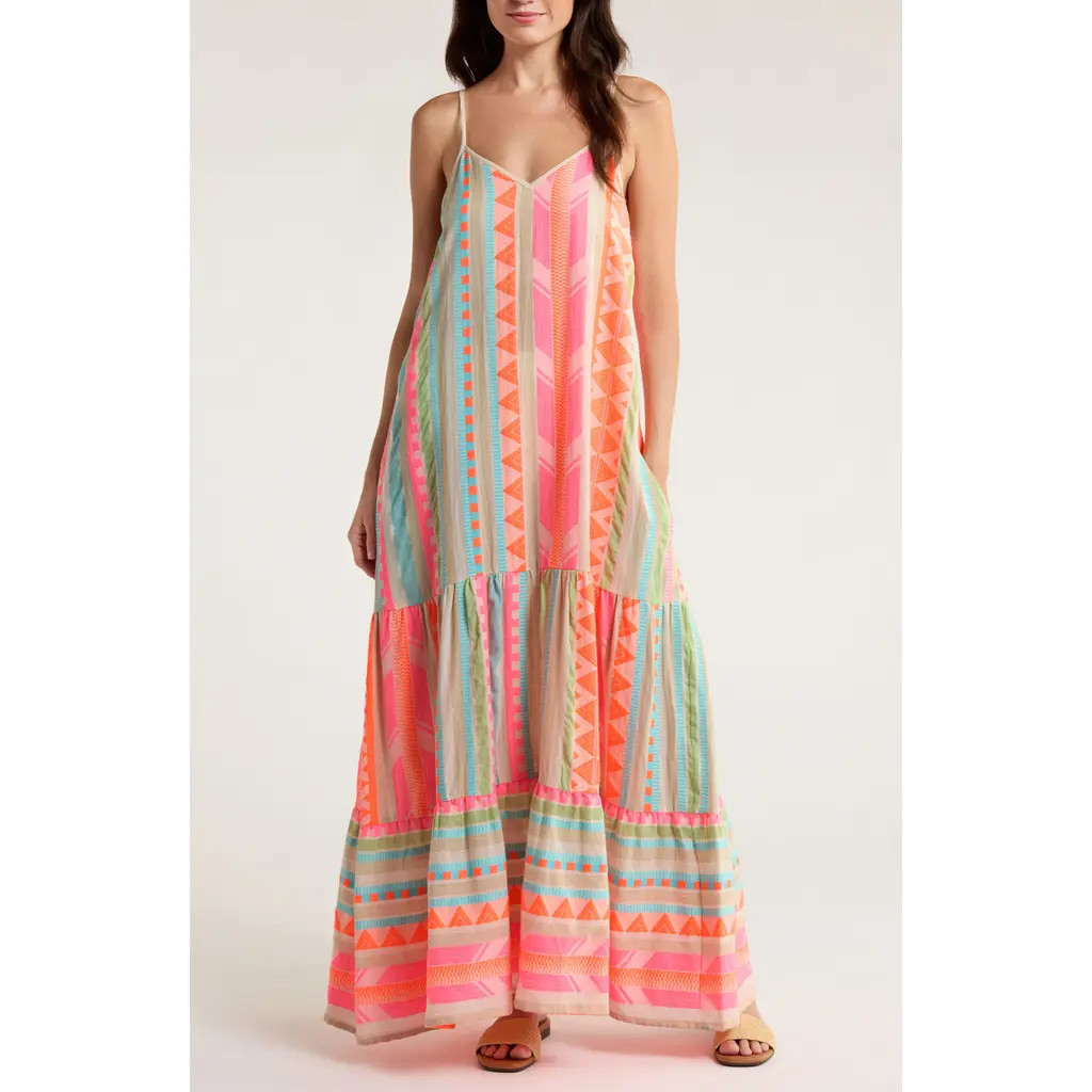 Elan Embroidered Tiered Cotton Blend Cover-Up Maxi Dress in Neon Aztec at Nordstrom, Size X-Small | Nordstrom