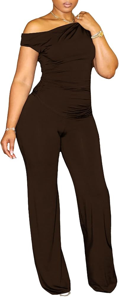 CXXQ 2 Piece Club Outfits for Women Clubwear Sexy Off Shoulder Ruched Crop Tops Bodycon Wide Leg ... | Amazon (US)