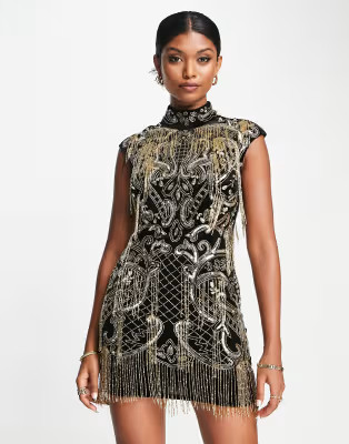 ASOS DESIGN high neck all over embellished velvet mini dress in black with gold sequin | ASOS (Global)