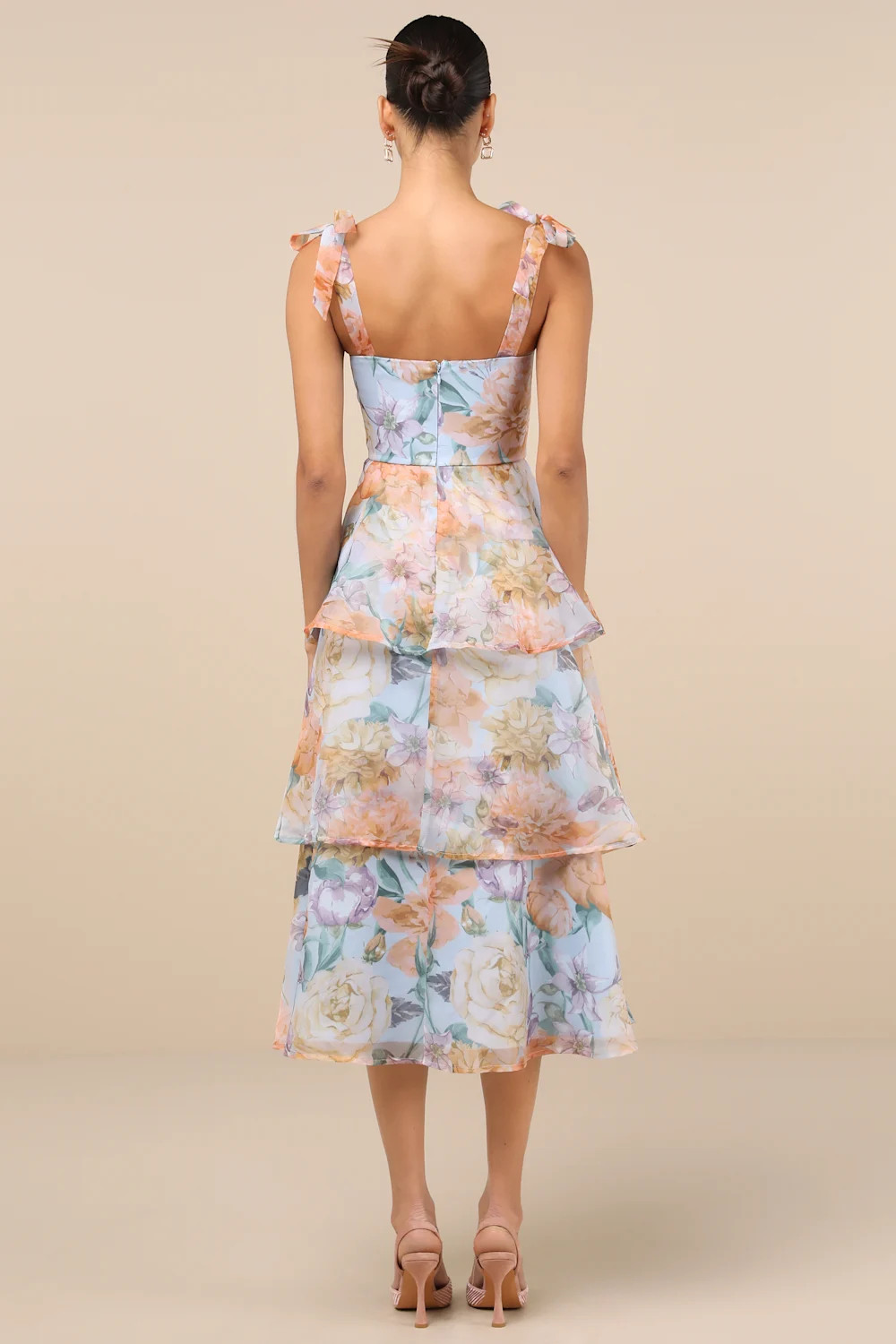 Playfully Posh Blue Floral Organza Tie-Strap Tiered Midi Dress | Lulus