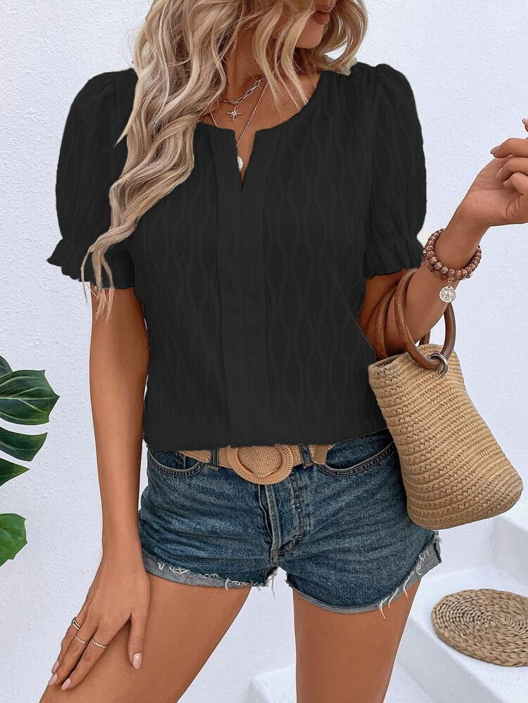 SHEIN VCAY Solid Notched Neck Puff Sleeve Blouse | SHEIN