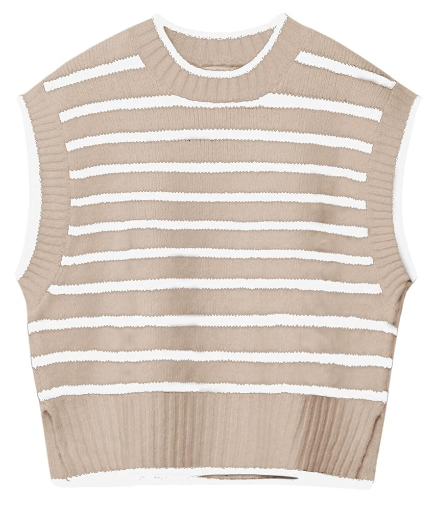 Lueluoye Sweater Vest for Women 2024 Crew Neck Cap Sleeve Tops Striped Knit Tank Top S-2XL | Amazon (US)