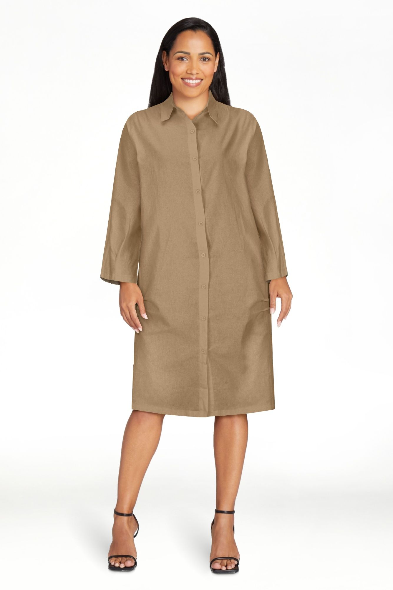 Women's Cotton Linen Shirt Dress Button Down Long Sleeve Collared Knee Length Blouse Dress Plain ... | Walmart (US)