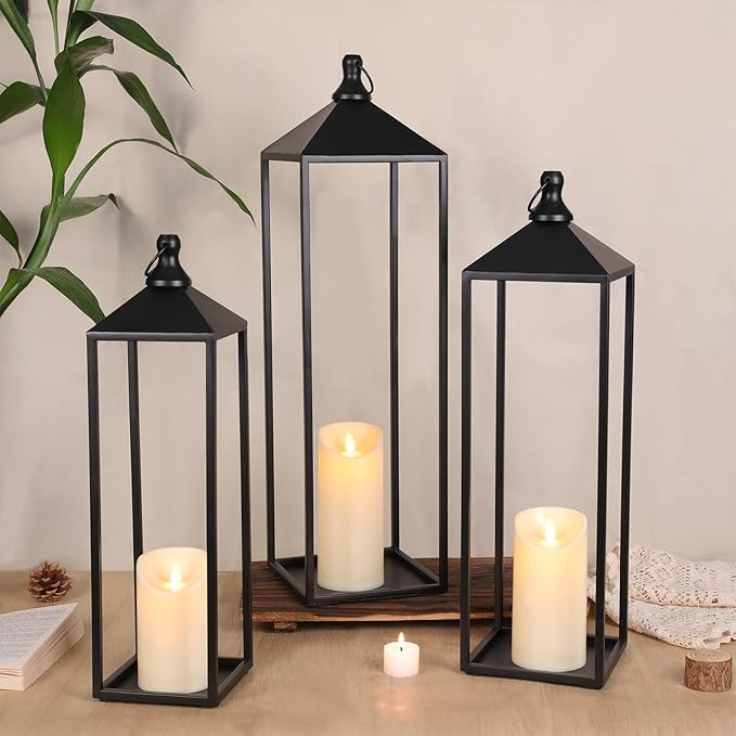 22'' 19'' 17'' Lanterns Decorative Outdoor Indoor, Set of 3 Black Metal Candle Lanterns Halloween... | Amazon (US)
