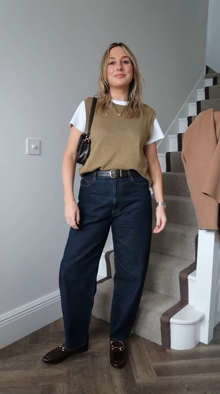Everyday styling a sweater vest and barrel leg jeans 

Loafer outfit
Autumn outfit
Burgundy bag 
Burgundy loafer
H&M jeans
Simple styling
Layering   

#LTKuk #LTKeurope #LTKautumn