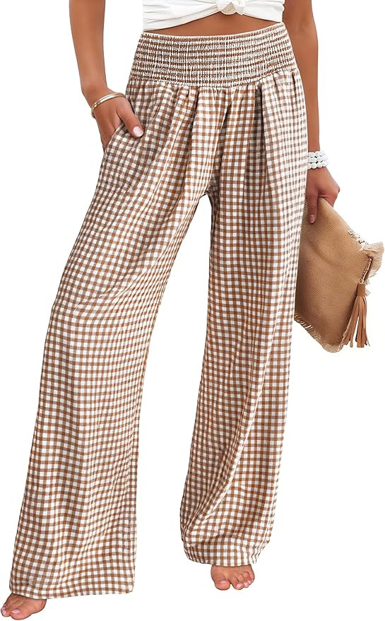 ANRABESS Womens Striped Gingham Palazzo Pants Wide Leg High Waisted Lounge Pajama Pants Cute Casu... | Amazon (US)
