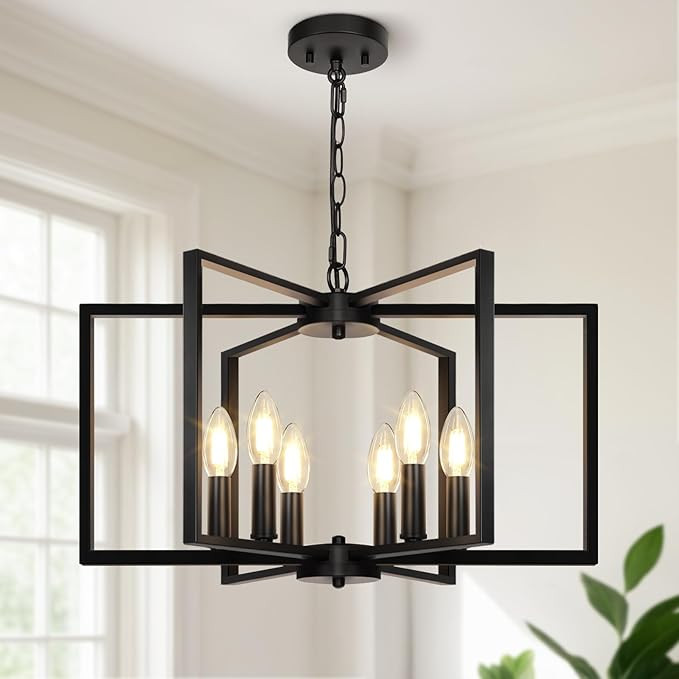Black Farmhouse Chandelier, 6 Light Geometric Dining Room Light Fixture, Modern Industrial Metal ... | Amazon (US)