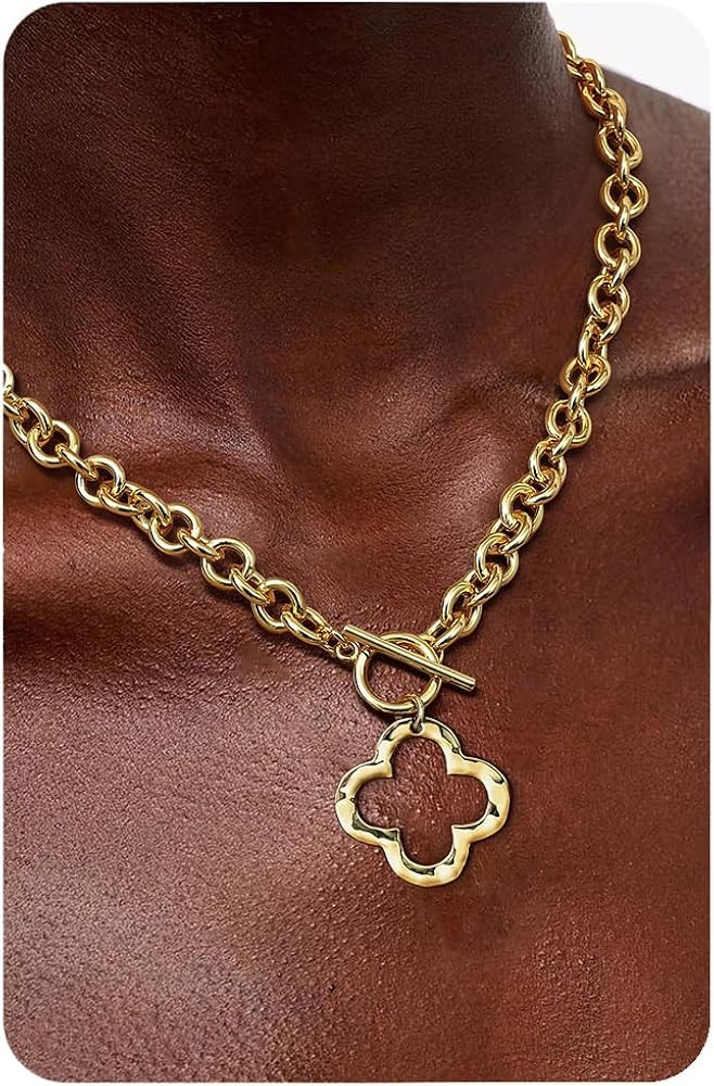 Krfy Chunky 16K Gold Plated Necklace for Women, Hammered Cross Necklace for Women Non Tarnish, He... | Amazon (US)