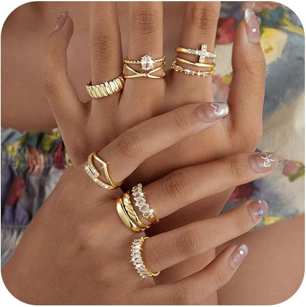 Tasiso Stackable Gold Rings for Women,12 PCS 14K Gold Plated Non Tarnish Trendy Dainty Cubic Zirc... | Amazon (US)