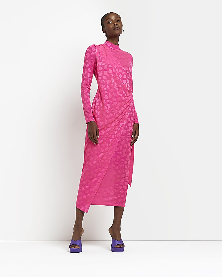 Pink animal print satin wrap midi dress | River Island (UK & IE)