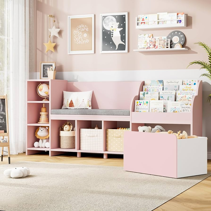 HOSTACK 67" Kids Reading Nook with Bench, Kids Bookshelf and Bookcase with Seat Cushion and 6 Sto... | Amazon (US)