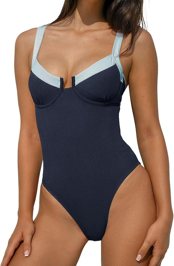 BERLOOK Women One Piece Swimsuit Tummy Control Ribbed Retro Bathing Suit Contrast Trim Knotted Pu... | Amazon (US)