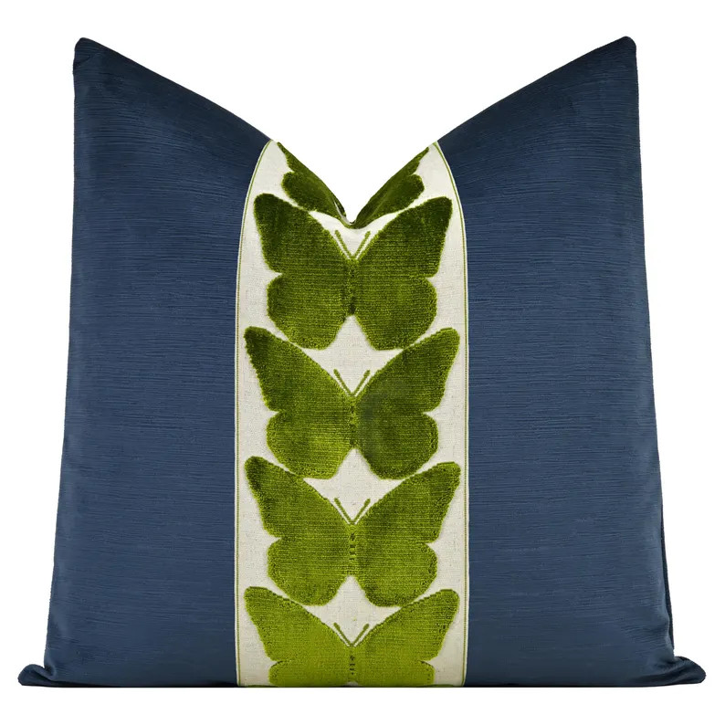Striated Velvet Pillow Cover With Large Butterfly Trim | Navy Blue Designer Throw Pillow Cover Wi... | Etsy (US)