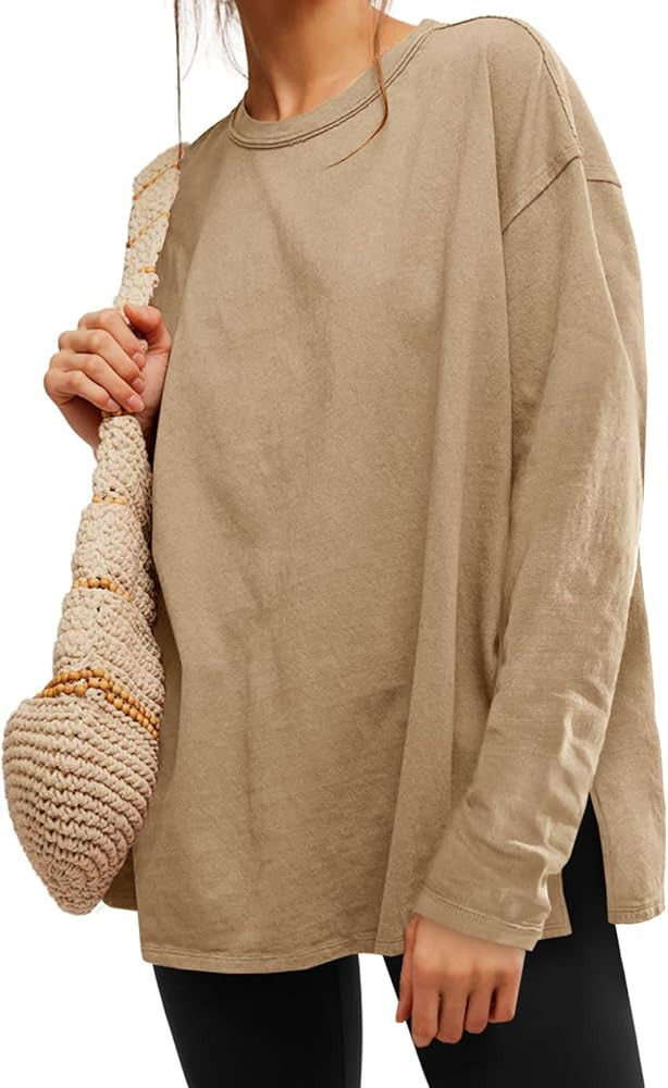 Womens Oversized Long Sleeve Shirts Crew Neck Casual Tops Loose Fit Side Slit Fall Tees | Amazon (US)