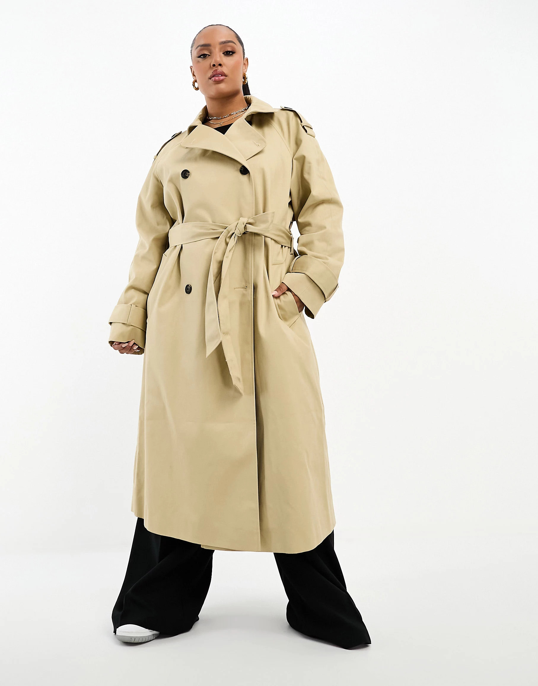 ASOS DESIGN Curve longline trench coat in stone | ASOS (Global)