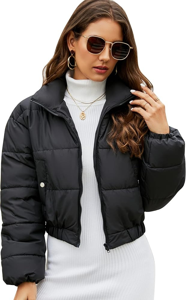 Flygo Women's Cropped Puffer Jacket Zip Up Stand Collar Padded Winter Down Coat | Amazon (US)