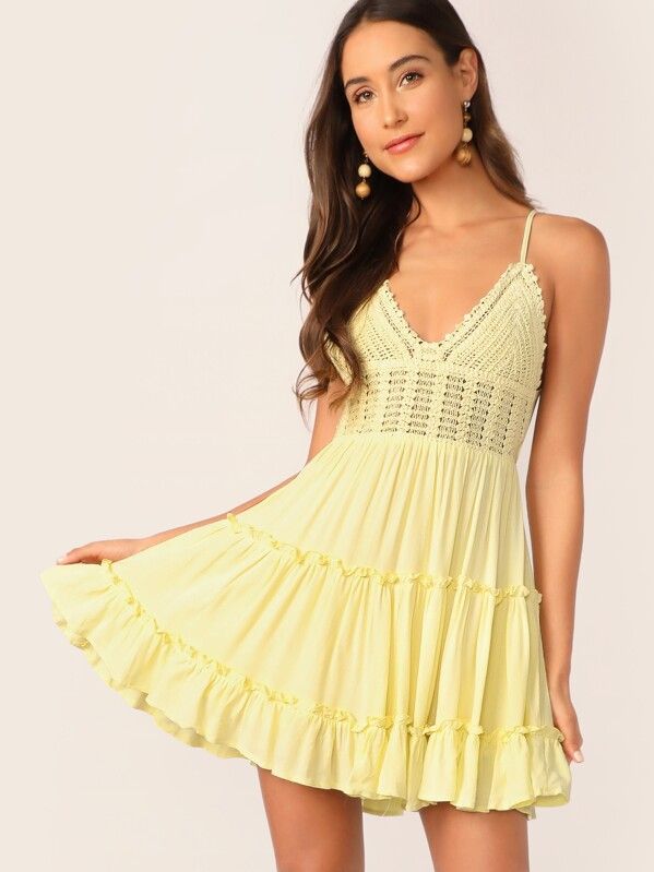 SHEIN Bow Tie Back Crochet Bodice Frilled Cami Dress | SHEIN