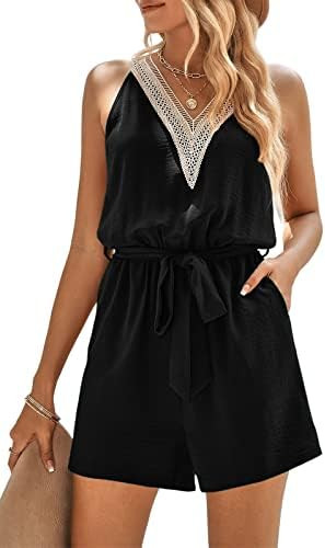 PRETTYGARDEN Women's Summer Sexy V Neck Romper 2025 Fashion Sleeveless Casual Waist Tie Short Jum... | Amazon (US)