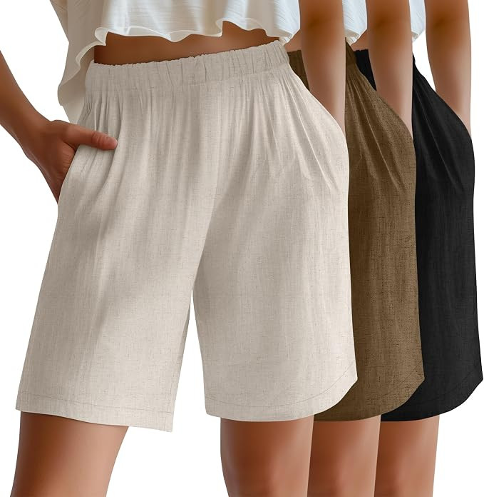 Riyiper 3 Pack Women's Linen Shorts Elastic High Waist Bermuda Wide Leg Summer Casual Lounge Shor... | Amazon (US)