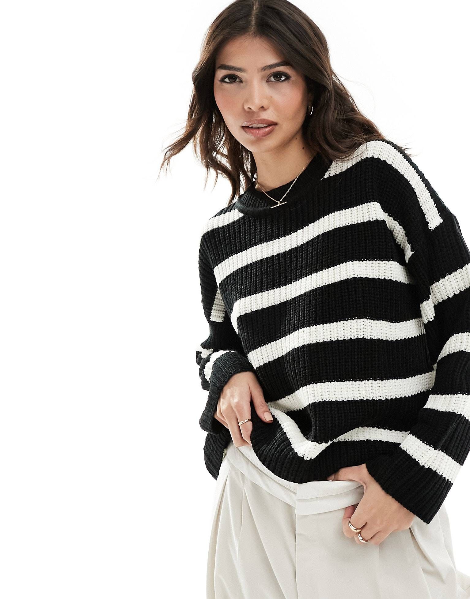 JDY knitted crew neck jumper in beige & black stripe | ASOS (Global)