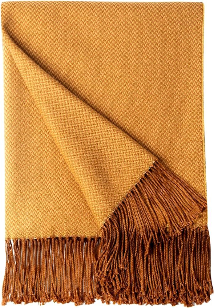 BOURINA Herringbone Two Tone Throw Blanket Faux Cashmere Fringe Soft Lightweight Cozy for Bed Couch  | Amazon (US)